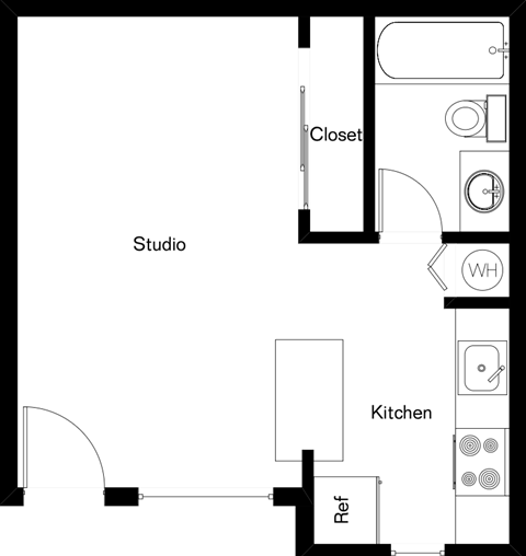 Floor plan for studio, 1 bath, 352 sqft
